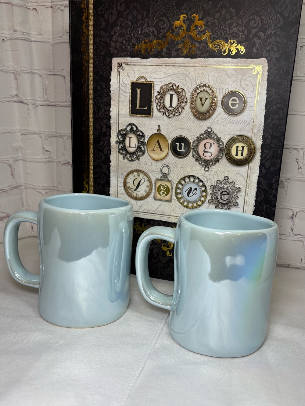 Rae Dunn “You Rock” and “Text Me” Iridescent Light Blue Ceramic Mug Set NIB - Picture 5 of 10